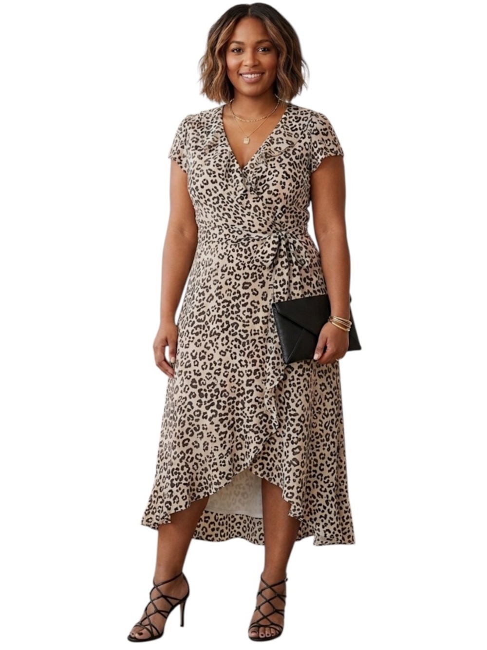 Gabby Skye Dress leopard print short Sleeve Tie Waist Faux Wrap ruffles 16 NWT